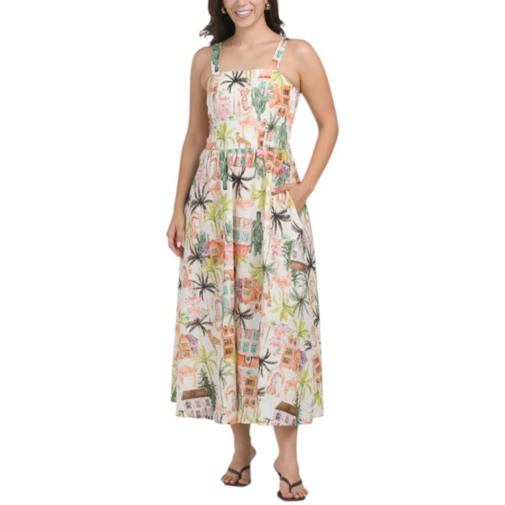 SPIGHE DI LINO Made In Italy Linen Blend Sleeveless Vacation Print Maxi Dress